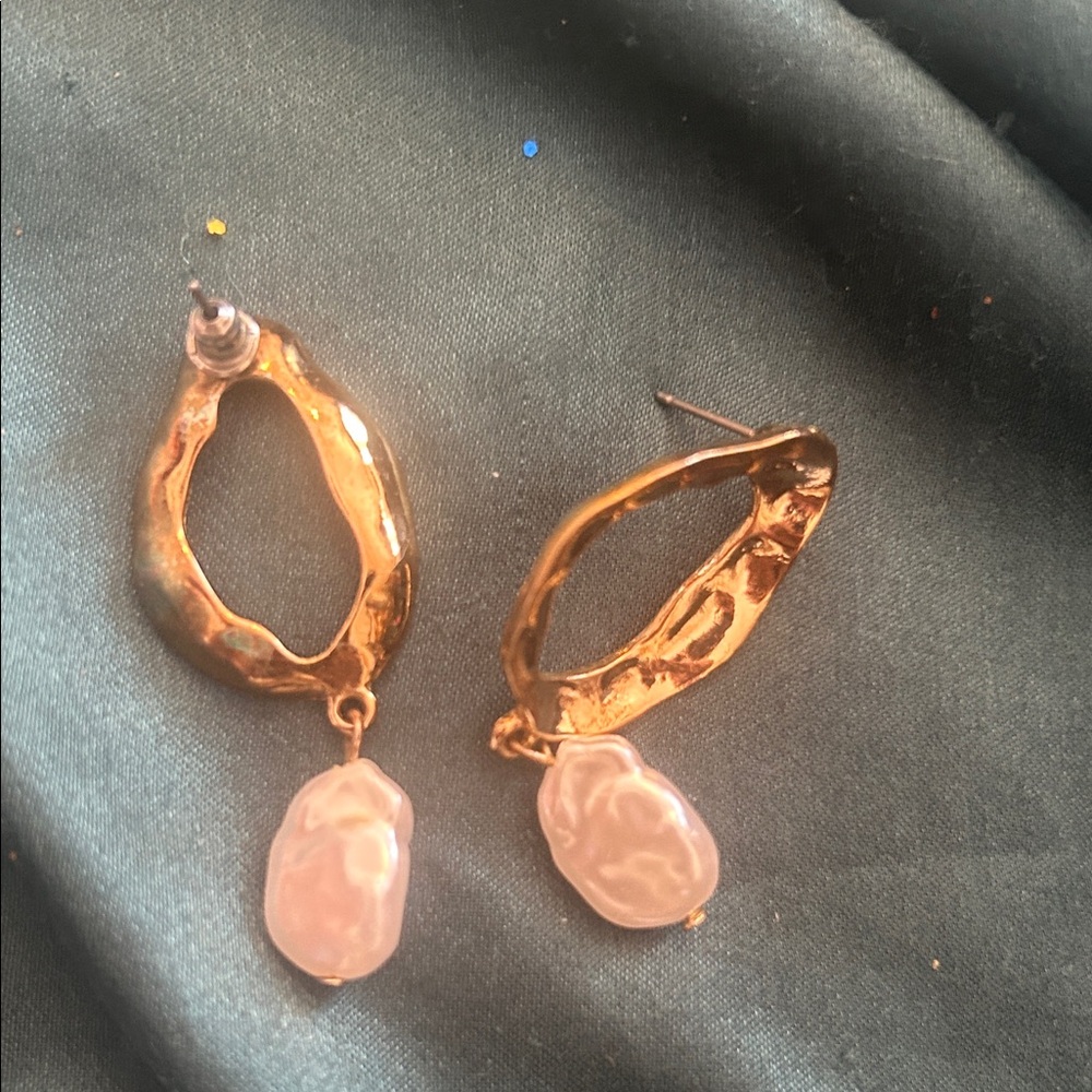 Gold Hoop Drop Earrings with Pink Pearl Dangles - Women Jewelry